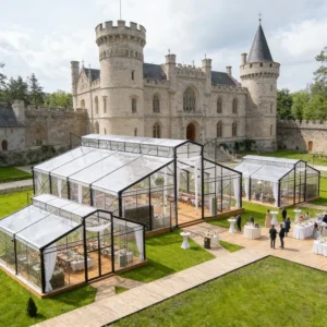 Black-Frame Modern Minimalist Transparent Glass Orangery Tent, Atrium Wedding Marquee