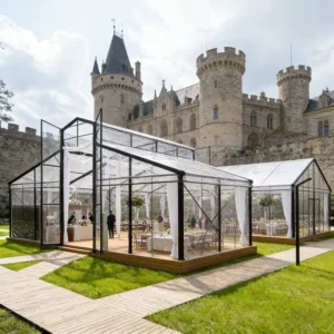 Black Frame Transparent PVC & Glass Orangery Atrium Tent Pillar Free Luxury Wedding Gala Event