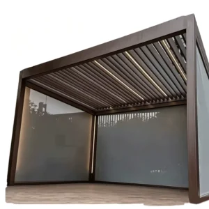 Brown Aluminum Louvered Pergola With Built In LED Lights Privacy Panels Adjustable Roof Patio Cover
