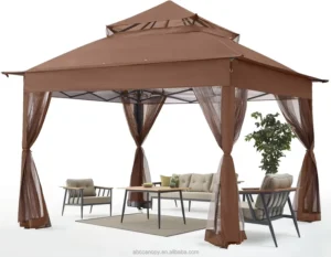 Brown Outdoor Canopy Tent Pop-Up Gazebo UV Protection Mosquito Netting Powder-Coated Frame for Patio Garden Backyard