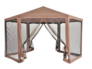 Camping Hexagonal Pop-Up Gazebo Outdoor Canopy Tent with 6 Mesh Netting, 3-Level Height-Adjustable Steel Frame, Brown