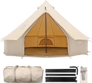 Canvas Bell Tent 100% Cotton Glamping Shelter with Central Pole and Stove Jack for Family Camping