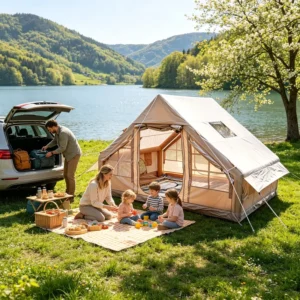 Classical 6.3sqm Lightweight Inflatable Ridge Tent 300D Oxford Air Tent with Small Skylight and Dual U-Shaped Doors