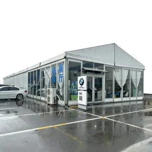 Clear Glass Side Car Display Tent Permanent Look Temporary Exhibition Marquee for Automobile Short Term Trade Show Hall