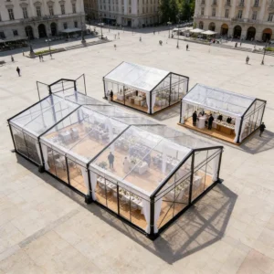 Clear-Span Orangery Glass Atrium Tent with Unblocked Sightlines for Weddings and Receptions