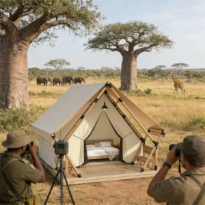 Commercial Luxury Four-Season Waterproof Glamping Safari Tent for Hotel and Resort Wood Frame Canvas Cabin with Rest Area