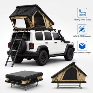 Compact Fold Up Aluminum Hard Case Rooftop Tent With Triangular Vent Panels Foam Mattress For Off Road Expedition Camping