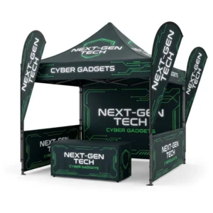 Custom 10x10ft Trade Show Pop-up Canopy Tent Package with Side Walls, Tablecloth and Flags