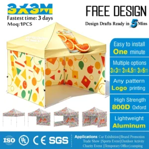 Custom Graphics 3x3m Trade Show Gazebo Tent Aluminum Frame Pop-Up Canopy Folding Marquee