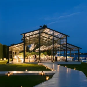 Custom Luxury PVC Atrium Tent Wedding Marquee Glass Wall Black Frame 30x50m Four Season Waterproof UV Resistant Event Structure