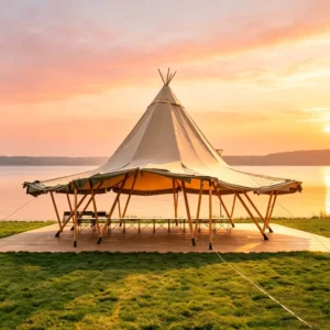 Custom Luxury Tipi Glamping Tent UV Resistant Canvas Shelter for Waterside Meadow Sunset Evening Gala Outdoor Celebration Event