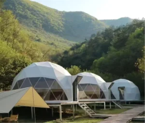 Custom Outdoor Aluminum Alloy Frame Geodesic Dome Glamping Tent with Bathroom and Prefab PVC Roof Cover