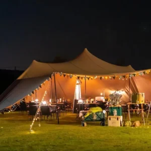 Custom Size Color Bedouin Style Elastic Stretch Fireproof PVC Single Layer Tent Fabric Outdoor Festival Glamping Marquee