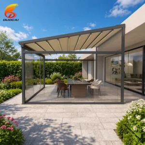 Custom-size outdoor PVC aluminum motorized pergola awning with powder-coated frame and screen
