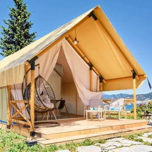 Customizable Glamping Safari Living Resort Hotel Tent Double Triangle Prefab Wood House Villa Steel PVC Four season Eco Friendly