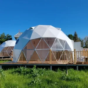 Customized 4 30m PVC Four Season Glamping Dome Tent Turnkey Resort Solution Glass Doors Wooden Floor Aluminum Alloy Frame