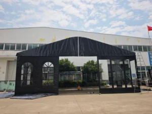 Customized Aluminum Rectangular Tube Frame Tent Black Fire Retardant PVC with Glass Wall and Glass Door for Outdoor Activities