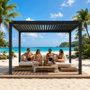 DIY Aluminum Pergola Kit 10x10FT with Louvered Roof, Retractable Canopy, and LED Lights for Backyard