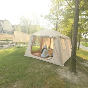 Deluxe Large Inflatable Ridge Tent 396x270x200cm 420D Oxford Fabric Luxury Glamping Cabin High Strength PVC Column Khaki