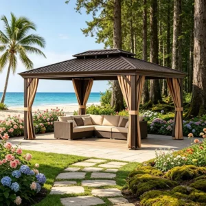 Double Hardtop Metal Gazebo with Curtains Large Outdoor Aluminum Pavilion with Vented Roof