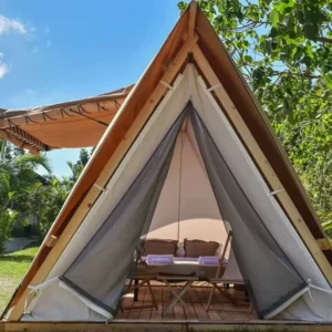Double Layer Glamping Tent with A shaped Canvas Roof Round Wood Skeleton for Outdoor Campsite Living Bed Triangle for Camping