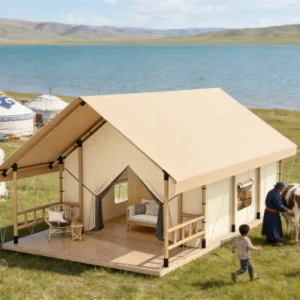 Double Layer Triangle Safari Tent Four-Season Luxury Glamping Lodge Waterproof Canvas 24m Steel Frame UV Protection