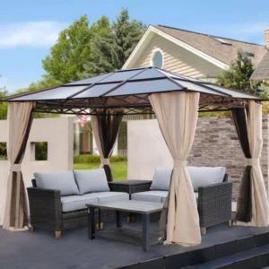 Double-Roof Outdoor Patio Pergola Aluminum Frame Permanent Hardtop Gazebo with Mosquito Nets and Curtains