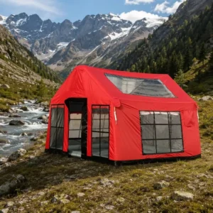 Durable Red Inflatable Cabin 3×3.15m 9.5sqm Knife Scraping PVC Base Disaster Relief Emergency Medical Shelter