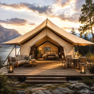 Eco Resort Waterproof Windproof Safari Hotel Tent Steel Frame and Deck Large Luxury Glamping Tent