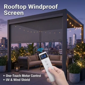 Electric Outdoor Motorized Roller Screen Blind for Rooftops and Pergolas, Windproof, UV Blocking, Smart Remote, Custom Width