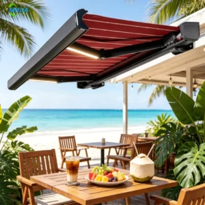 Electric Retractable Awning with LED Lighting System Smart Motorized Sun Awning for Backyard Poolside Commercial Shop