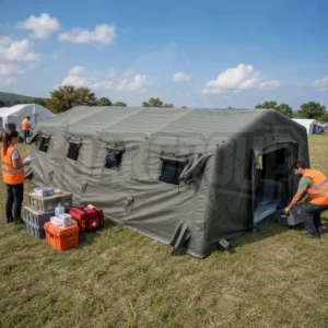 Emergency Luxury Inflatable Tent Floor Waterproof PVC Inflatable Cabin 3 Bedrooms Living Room 6 8 Person Fast Deflate Store