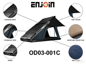 Enjoin Lightweight Hard Shell Aluminum Roof Top Tent 4 Person with Solar Panel Waterproof Side Open Rooftop Tent 4×4 Car RTT