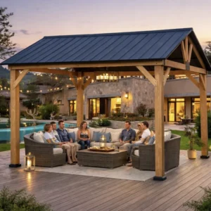 Factory 10×12 Wood Gazebo with Galvanized Steel Roof Outdoor Pavilion Hardtop Shelter for Snow Support Wind Resistance