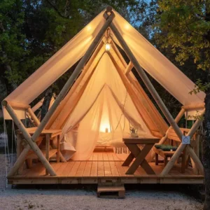Modern Large Space Hotel W Shape Canvas Four Season Water Resistant 5+ Person Outdoor Camping Glamping Triangle Side Standing