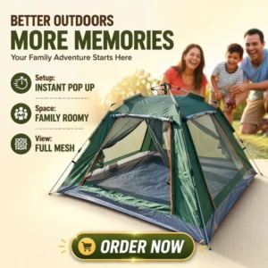Family Size One Bedroom Pop-Up Camping Tent with Canopy, Waterproof, 4-Person, Ventilated Mesh Windows