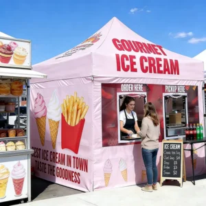 Food Stall Tent Custom Printed 10×10 Pop-up Canopy Tent for Outdoor Market Ice Cream Booth with Full Wall Graphics