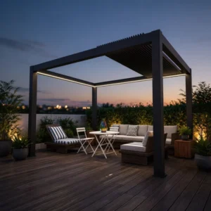 Foshan Supplier retractable louvered-roof aluminum pergola commercial resort outdoor lounge canopy