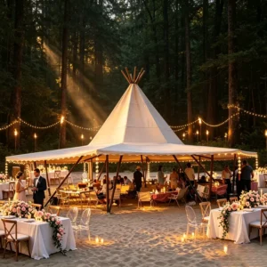 Giant Canvas Tipi Tent Waterproof Windproof Outdoor Marquee for Woodland Forest Lawn Romantic Sunset Evening Dinner Banquet