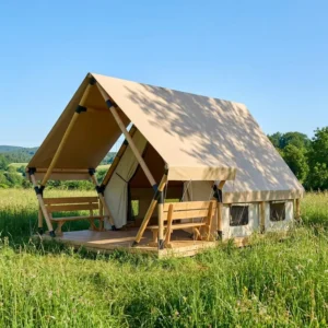 Glamping Tent Steel Frame 80mm Eco-Friendly Laminated Timber Waterproof 850g PVC Four-Season Triangle 35-45 sqm Outdoor