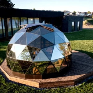 Glass Dome Tent with Base, Large Wood Honeycomb Geodesic Kit, Polycarbonate