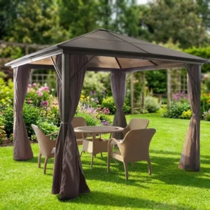 Hardtop Steel Gazebo 3x3m Outdoor Double Polycarbonate Roof Windproof Garden Pavilion Canopy Nettings Curtains Aluminum