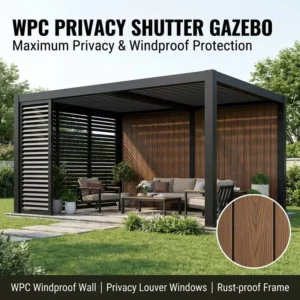 Heavy Duty Aluminum Gazebo with Wooden Texture WPC Windproof Wall and Privacy Louver Windows for Backyard Garden Pavilion