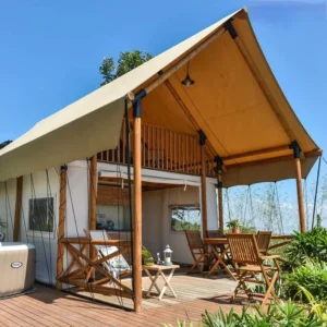 Heavy Duty Glamping Tents with Rainproof Top Eco Glamping Double Layer Tent House with Sun Protection Two Bedrooms and Bathroom