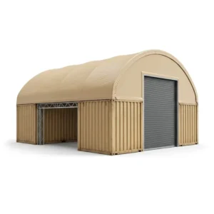 Heavy-Duty No-Foundation Relocatable Wind- and Snow-Rated Double-Truss Container Shelter for Construction Material Storage