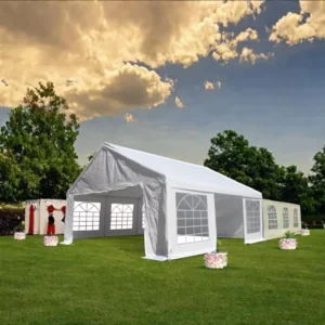 Heavy-duty four-season white outdoor wedding party tent with waterproof windproof PVC/PE fabric and steel frame, 20 x 20 ft