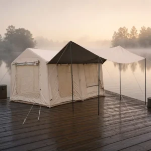 High Ceiling 12sqm Family Tent Multi-room Suite Triple Entrance Panoramic Windows Waterproof Oxford Cloth Glamping House