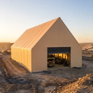 High-Eave 8m Clear-Span Mining Warehouse Fabric Building A-Frame Gable 30x60ft Warm Beige PVC for Underground Mining Workshop