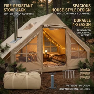 Inflatable Cabin Camping Tent 4 Season Waterproof Windproof Chimney Stove Jack for Winter Family Glamping Portable