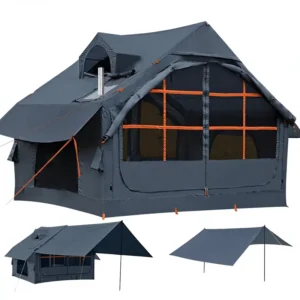 Inflatable Camping Tent Waterproof PVC Hand Pump Stove Jack Four Season Rectangular Family Weekend Glamping Tent House